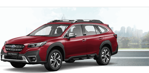 All New Outback color rojo con ciudad de fondo