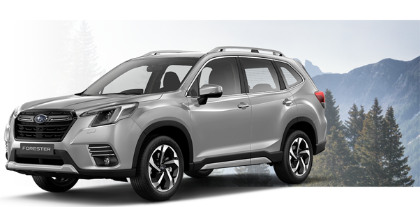 Modelo Forester Silver con montañas y pinos de fondo
