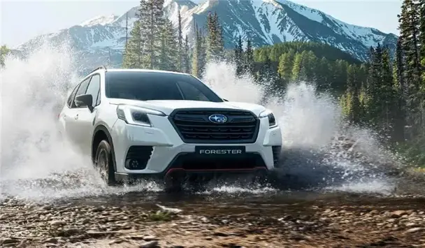Subaru Forester en terreno húmedo y con lodo, con montañas y árboles de fondo